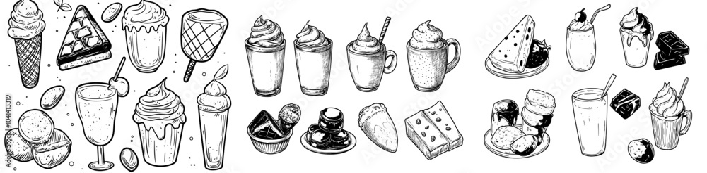 Φωτογραφία Illustration of dairy products with hand drawn contours, including cheese, milk shakes, butter, yogurt, cottage cheese, sour cream, desserts, and a cow