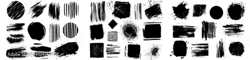 Black paint, ink brushstrokes. Grunge circle and square. Creative patterns. Modern illustration.
