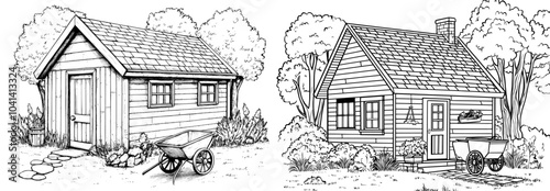 Black and white illustration of a cottage. A modern private residence.