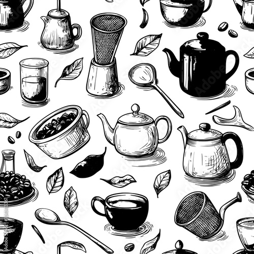 A seamless pattern depicting hand-drawn tea tools like an electric kettle, a French press, a teapot, a cup, a mug, sugar, lemon, pepper, herbs, and spices