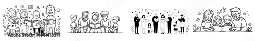 The portrait of grandparents with their granddaughter and grandson was hand drawn using contour lines. It is a delightful picture illustrating the love between grandmother and grandfather for their