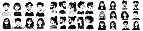 Black and white cartoon characters with varying hairstyles and accessories. Monochrome modern illustration.
