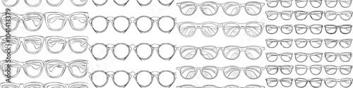The seamless pattern consists of hand drawn sunglasses of different shapes and models on a white background. The illustration is suitable for use in textile prints, wallpaper and wrapping paper.
