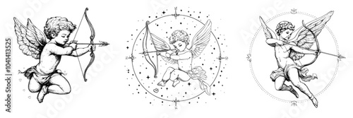 Cute drawing of Cupid aiming his bow and shooting an arrow on a white background