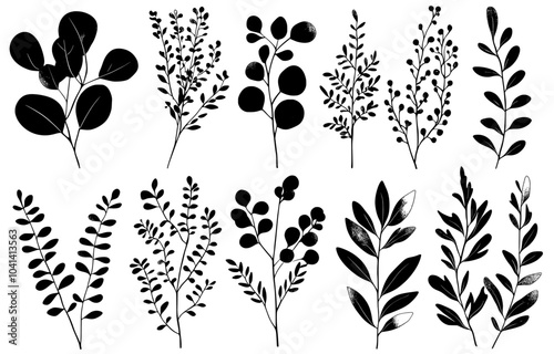 Illustration of eucalyptus branches with leaves hand drawn using green contour lines on a white background. Abstract monochrome design with contemporary floral elements.