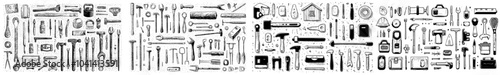 Hand drawn illustration of wooden and electric tools for woodworking, home repair and maintenance. Monochrome realistic modern illustration.