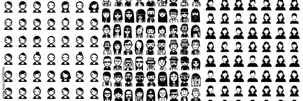 Faces of old and young people, with a backdrop of fashionable men and women, drawn with contour lines on white background. Modern doodle illustration. Faces of old and young people, with a backdrop of fashionable men and women, drawn with contour lines on white background. Modern doodle illustration.
