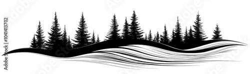 An illustration of hand-drawn silhouettes of conifers on hills or mountains. Timber landscape with pines and spruces. Natural monochrome decorative detail.