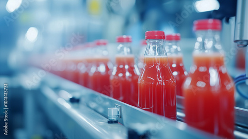 Glass Bottles of Juice on Conveyor Belt in Beverage Factory