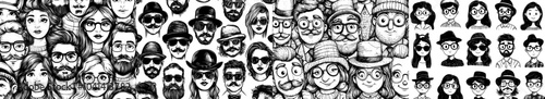 This is a horizontal backdrop of people's faces or heads. Women and men drawn in black and white. Modern doodle style monochrome illustration.