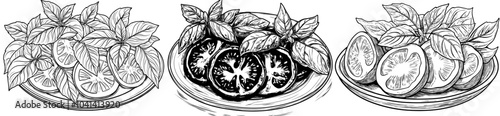 Fresh tomato, mozzarella, basil, and olives in a tasty Caprese salad. Hand drawn with contour lines.