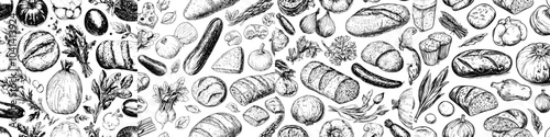 This seamless pattern shows tasty wholesome foods, eco-friendly products, berries, fruits, and vegetables hand-drawn with contour lines on white background. You can use this pattern everywhere.