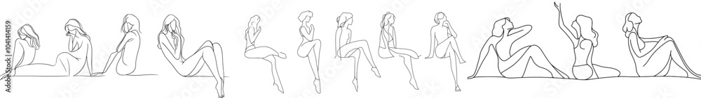A set of minimalist silhouettes of women drawn in a simple handwritten style on a white background. Abstract silhouette of a woman in a minimalist style, with modern minimalism art. A set of minimalist silhouettes of women drawn in a simple handwritten style on a white background. Abstract silhouette of a woman in a minimalist style, with modern minimalism art.