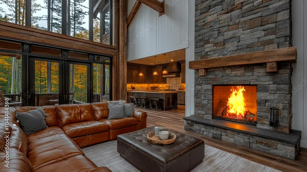 Cozy living room with a stone fireplace and large windows overlooking a forest. Seamless looping 4k video animation background Cozy living room with a stone fireplace and large windows overlooking a forest. Seamless looping 4k video animation background