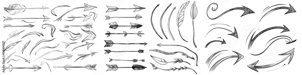 An infographic element on an isolated white background with a hand drawn wavy arrow. The illustration is black and white. An infographic element on an isolated white background with a hand drawn wavy arrow. The illustration is black and white.