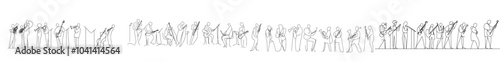 Group band music performance. Continuous one line drawing. Minimalistic hand drawn sketch. People with classical instruments. Jazz and soul with singer.