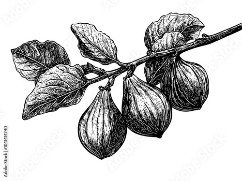 Black and white hand drawn concept of common fig tree sketch engraving. T-shirt apparel print design. Imitation scratch board.