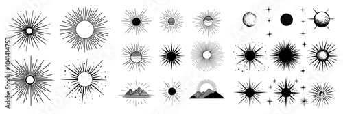 Sunrise rays light burst line shine sunshine sunbeam vintage border spark firework starburst for emblems logo and banner modern isolated set.