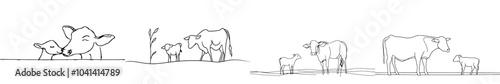 Grazing cow in a continuous line art style isolated on a white background. Modern illustration.