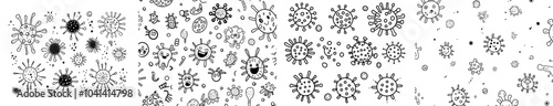 A set of hand drawn viruses in sketch style (coronavirus, papillomavirus, herpes, influenza, hepatitis, adenovirus). Microscope virus close up. Modern illustration. COVID-2019.