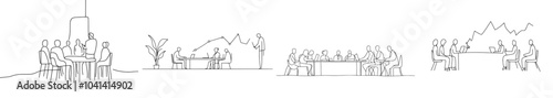 The artist depicts a young and happy trainer giving a life-skills lesson to the class members. The illustration graphic portrays a modern one-line drawing design with modern illustration elements.