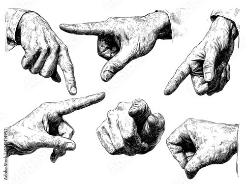 Hand gesture isolated on white background. Hand gesture stand alone illustration set with illustration of hand gesture and arm position. Vintage hand drawn gesture and hand held in palm. Show size,