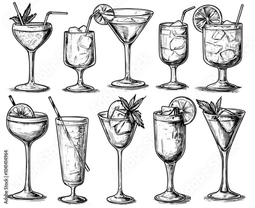 Hand-drawn cocktails. Sketched alcohol drinks in glasses, including cherry cocktail, champagne, and pina colada, strawberry mojito, and wine for restaurants, cafés, and bars.
