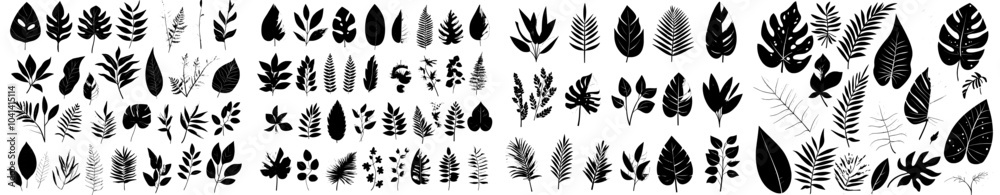 Monochrome jungle exotic leaves set with silhouettes of Philodendrons ...