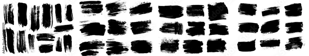 Decorative brushstrokes on a black background with dirty paint smears. Smudges of grunge texture over white elements. Stains shapes and silhouettes on a white background.