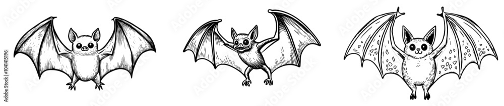 Fototapeta premium Set of flying bats doodles. Simple modern hand painted illustration. A single halloween drawing isolated on white. Realistic sketch element for designs, prints, posters, and stickers.