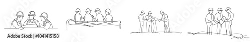 A continuous line drawing of a young architect discussing construction design with a foreman manager. Building architects business concept. Modern graphic illustration in one line.