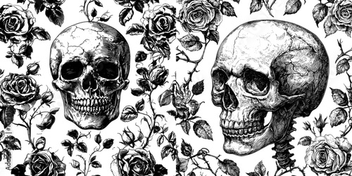 Gothic skull with flowers, graphic print wallpaper, textile texture seamless pattern. Foliage and plants with scary faces, terrifying dead heads.