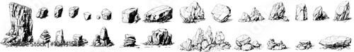 Different hand drawn stones and geological rocks in a monochrome and detailed style. Pebbles and cobblestones of various shapes isolated on white.