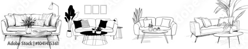 Creating an illustration of the interior of a living room in a modern style using hand drawn sketches.