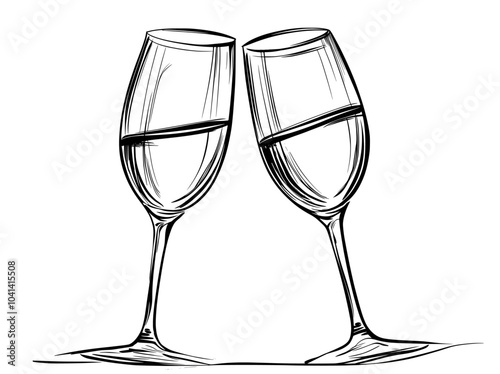 Continuous linear couple wine glasses clink. Wedding party cheers. Modern minimalist concept.