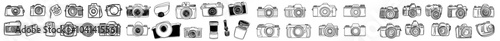 Set of hand drawn artistically drawn photo cameras with lenses. Isolated on transparent background, a collection of different photographic equipment for photographers.