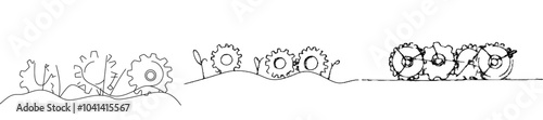 Illustration of gears wheels in lineart style with editable stroke. Symbol of teamwork, development, logo, emblem. Creative concept of business teamwork. Modern file.