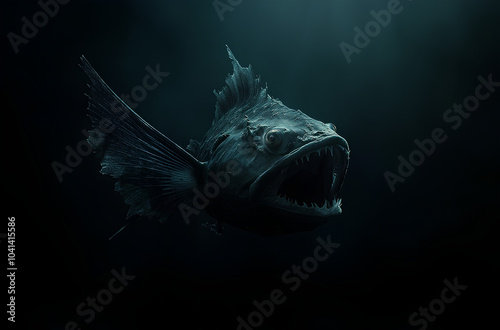 A close-up of a deep sea fish with large, sharp teeth, its mouth open wide against a dark, blue-tinged background. photo