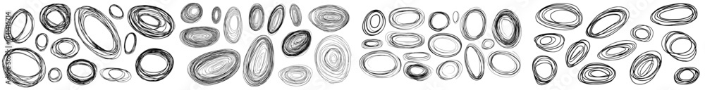 An illustration that combines hand drawn red circles and ovals with doodle elements. Frames for the circles. Ellipses in a doodle style. Isolated on white background.