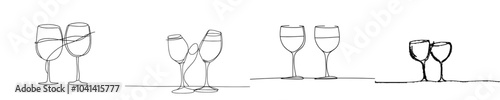 Two glasses with sparkling wine in silhouette on white background. Minimalistic and linear stylized.