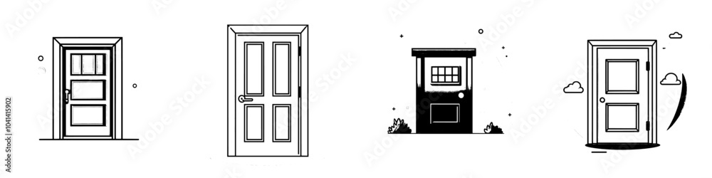 An open door icon in line art style, isolated on white background. An entry, welcome and login concept. A modern linear illustration of an entrance symbol for UI design. An open door icon in line art style, isolated on white background. An entry, welcome and login concept. A modern linear illustration of an entrance symbol for UI design.