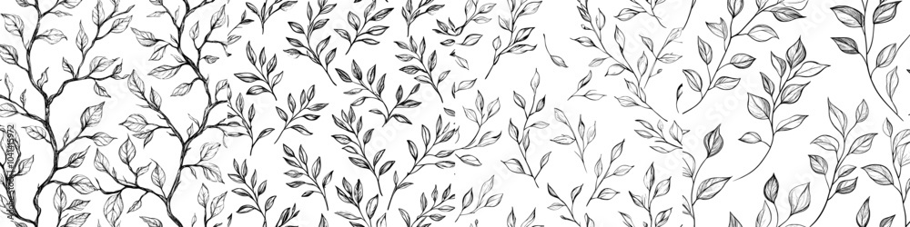 Ink leaves on white background, seamless black and white branch pattern. Ink leaves on white background, seamless black and white branch pattern.