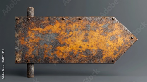 Weathered and rusted metal signboard shaped and designed for display