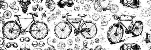 On a light background, hand drawn seamless pattern with steampunk attributes and apparel. Backdrop with steam powered machines. Modern illustration for wallpaper.