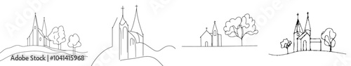 Sketch of a church building drawn in one continuous line.