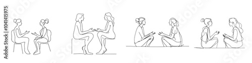 Continuity of women talking sitting oneline single line art