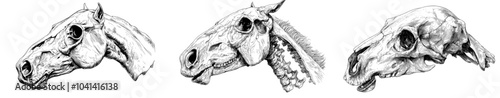 The skeleton of a dead horse head with teeth drawn in a vintage style. Outlined sketch drawn in a retro style. Detailed modern illustration isolated on white.