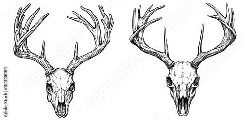 Detailed hand-drawn modern illustration isolated on white background of a deer skull with horns. Dead animal's head bone with antlers. Vintage anatomy drawing of etched skeleton. Outlined cranium