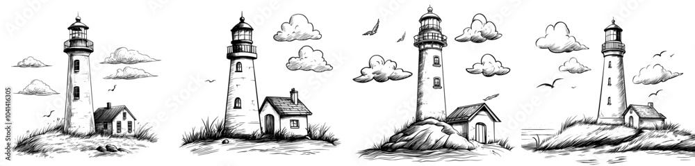 Hand drawn illustration of a seaside landscape with a lighthouse