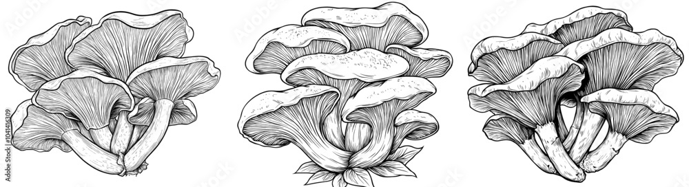 A hand drawn illustration of black trumpet mushrooms, also known as chanterelle mushrooms A hand drawn illustration of black trumpet mushrooms, also known as chanterelle mushrooms